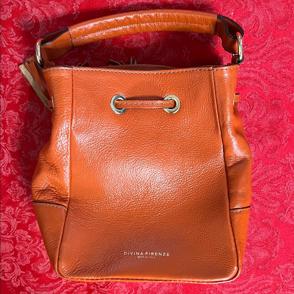 Divina Firenze Italian Leather Bucket Bag Orange Crossbody Shoulder Purse Italy